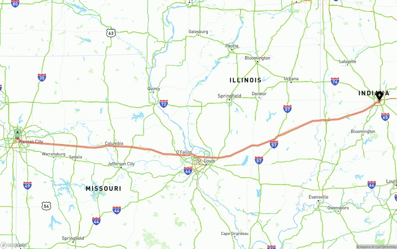 Shipping route from Kansas City to Indianapolis
