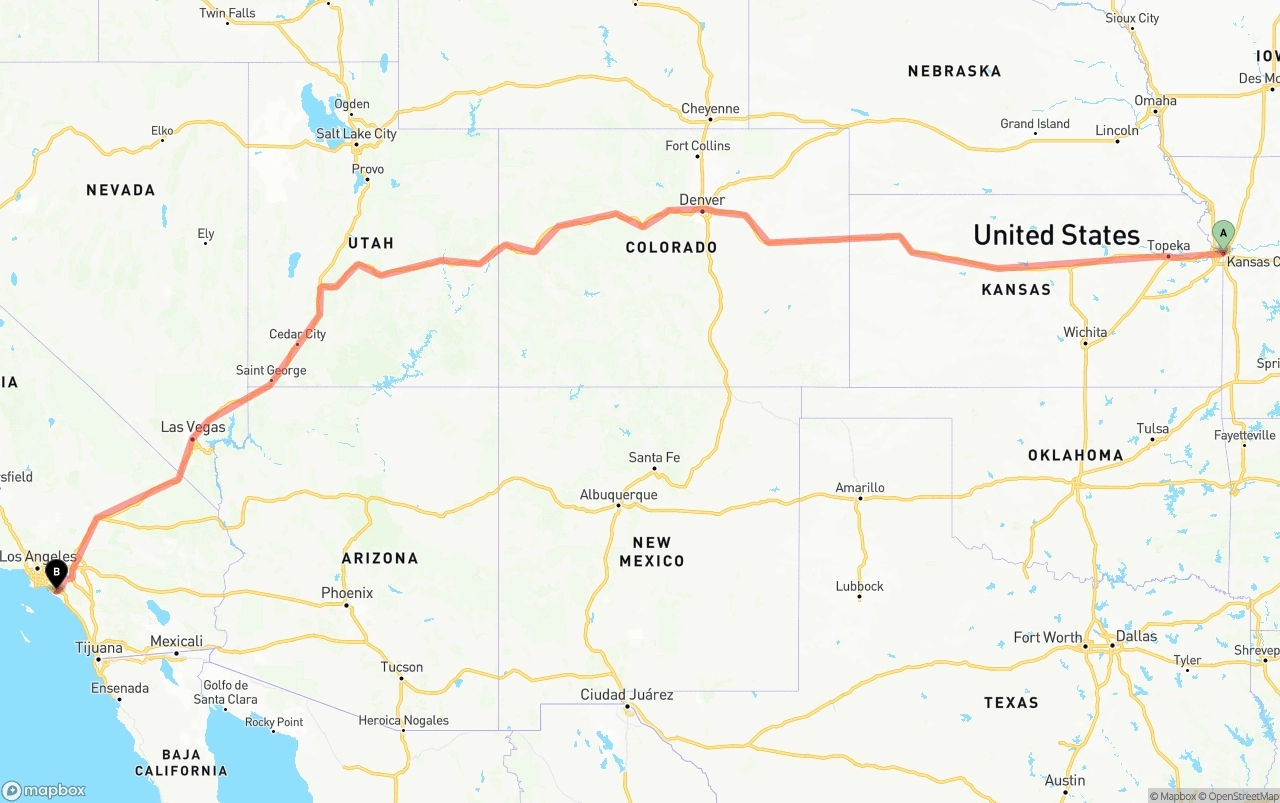 Shipping route from Kansas City to John Wayne Airport — Orange County