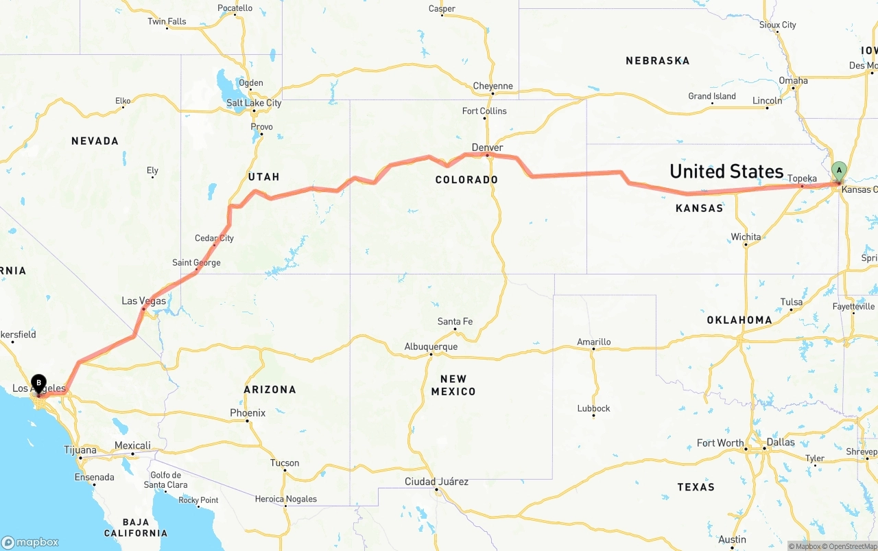 Shipping route from Kansas City to Los Angeles