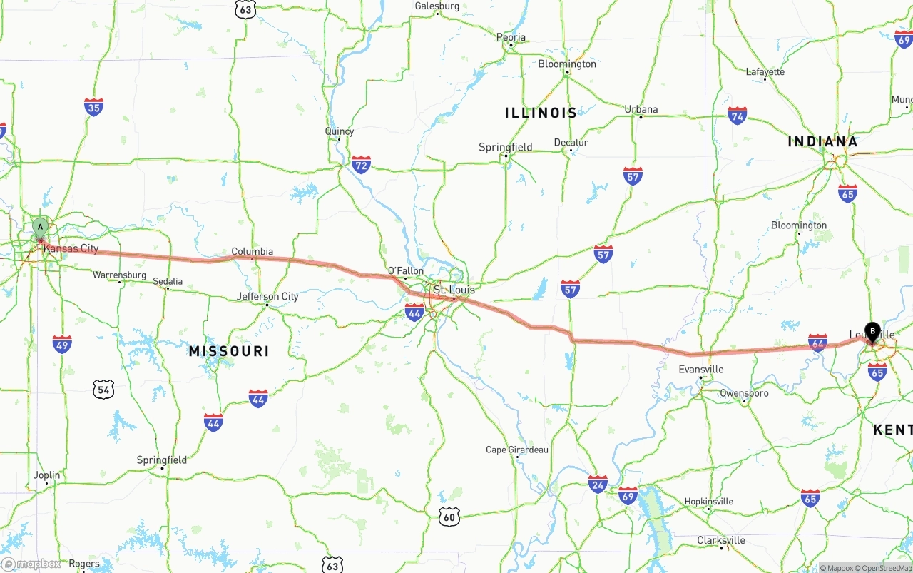 Shipping route from Kansas City to Louisville