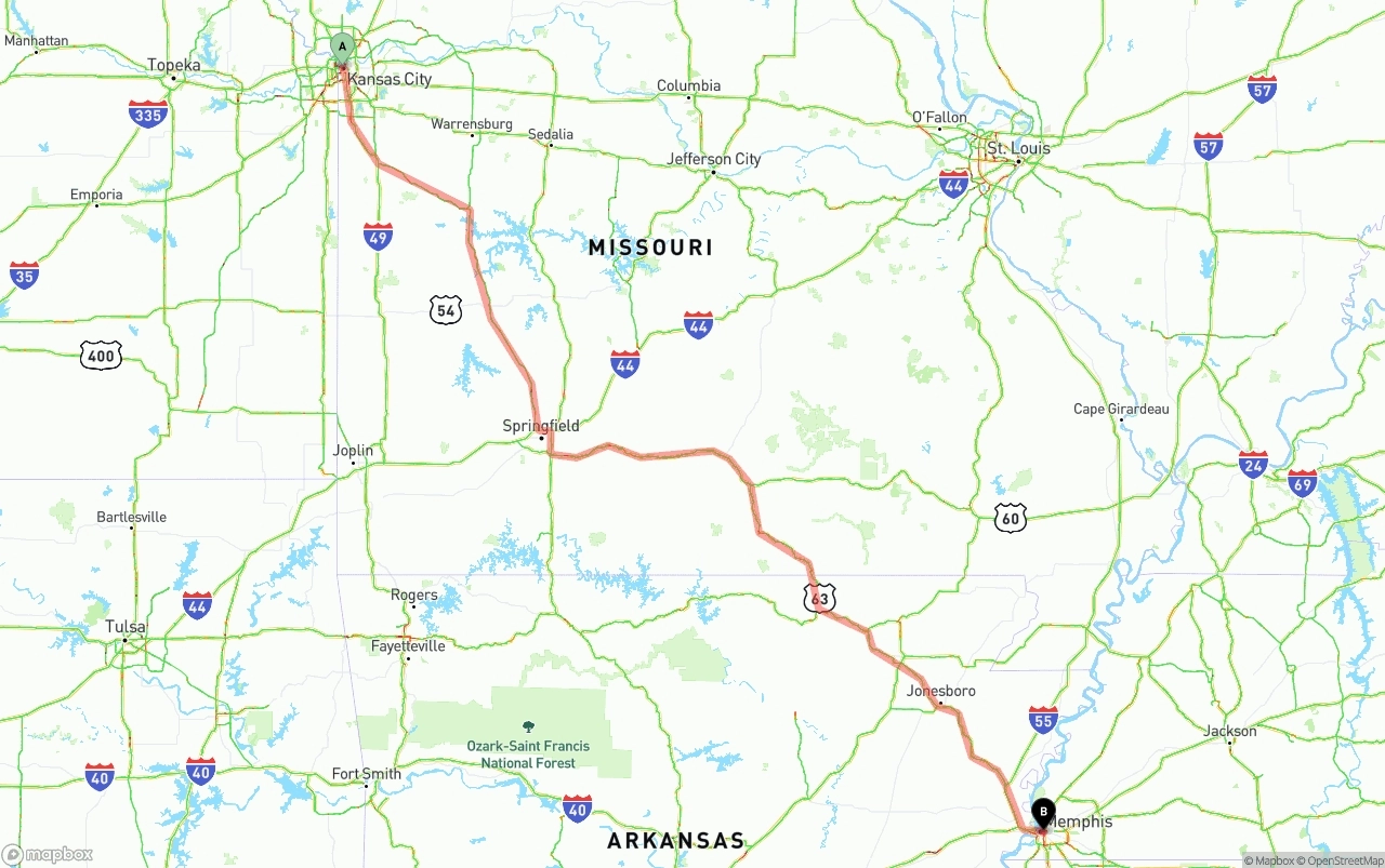 Shipping route from Kansas City to Memphis