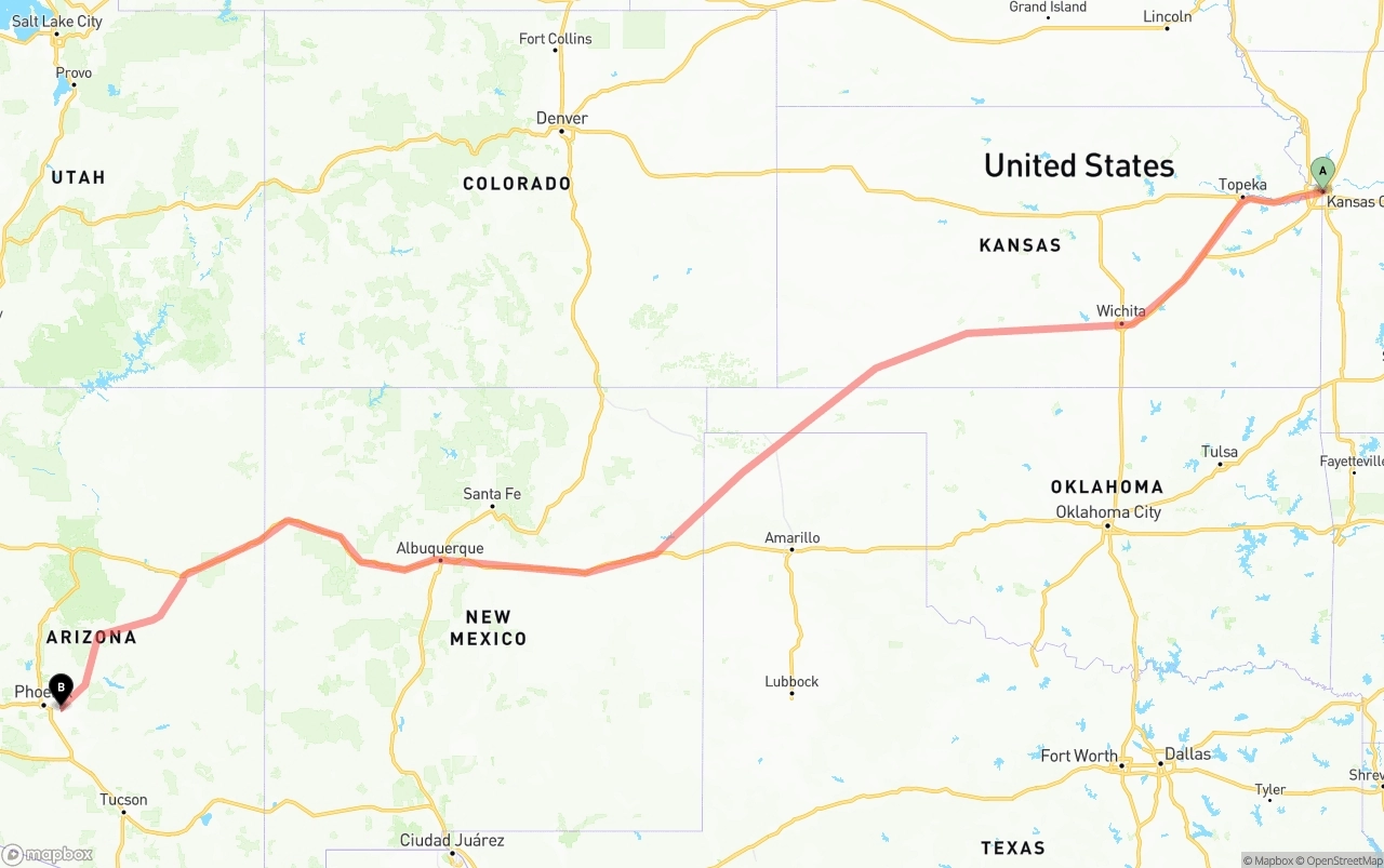 Shipping route from Kansas City to Mesa