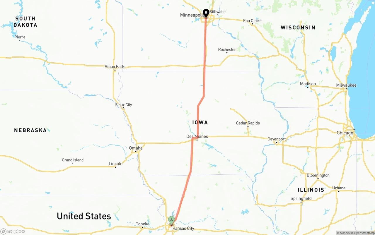 Shipping route from Kansas City to Minneapolis