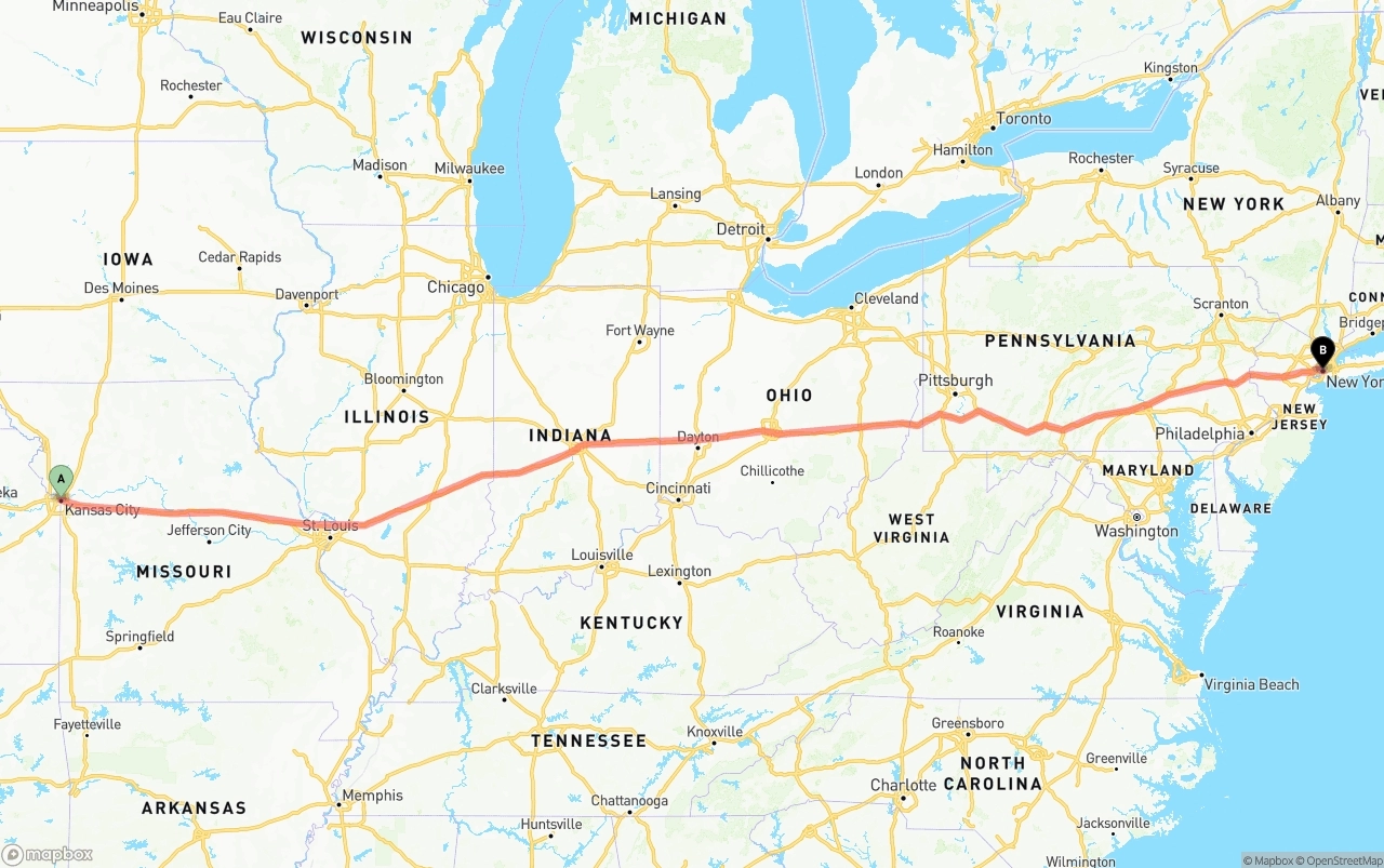 Shipping route from Kansas City to New York City