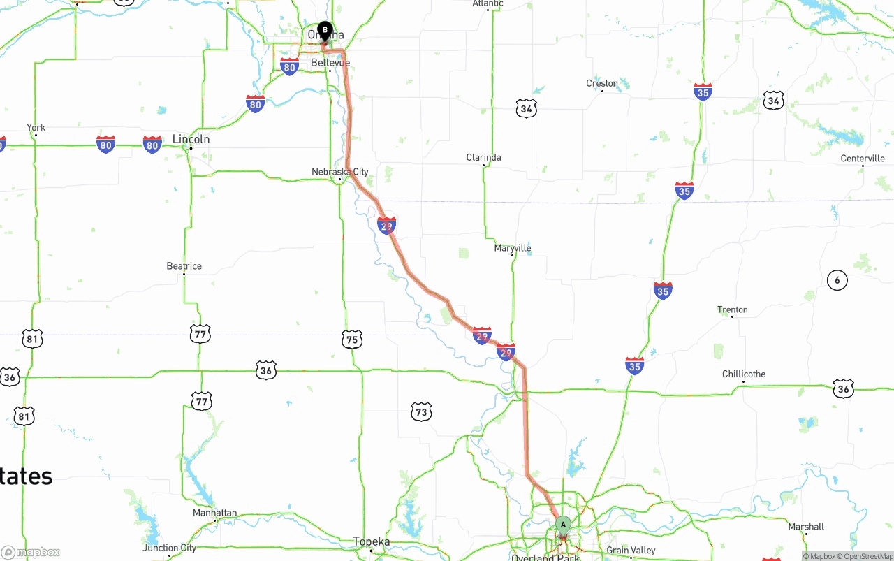 Shipping route from Kansas City to Omaha