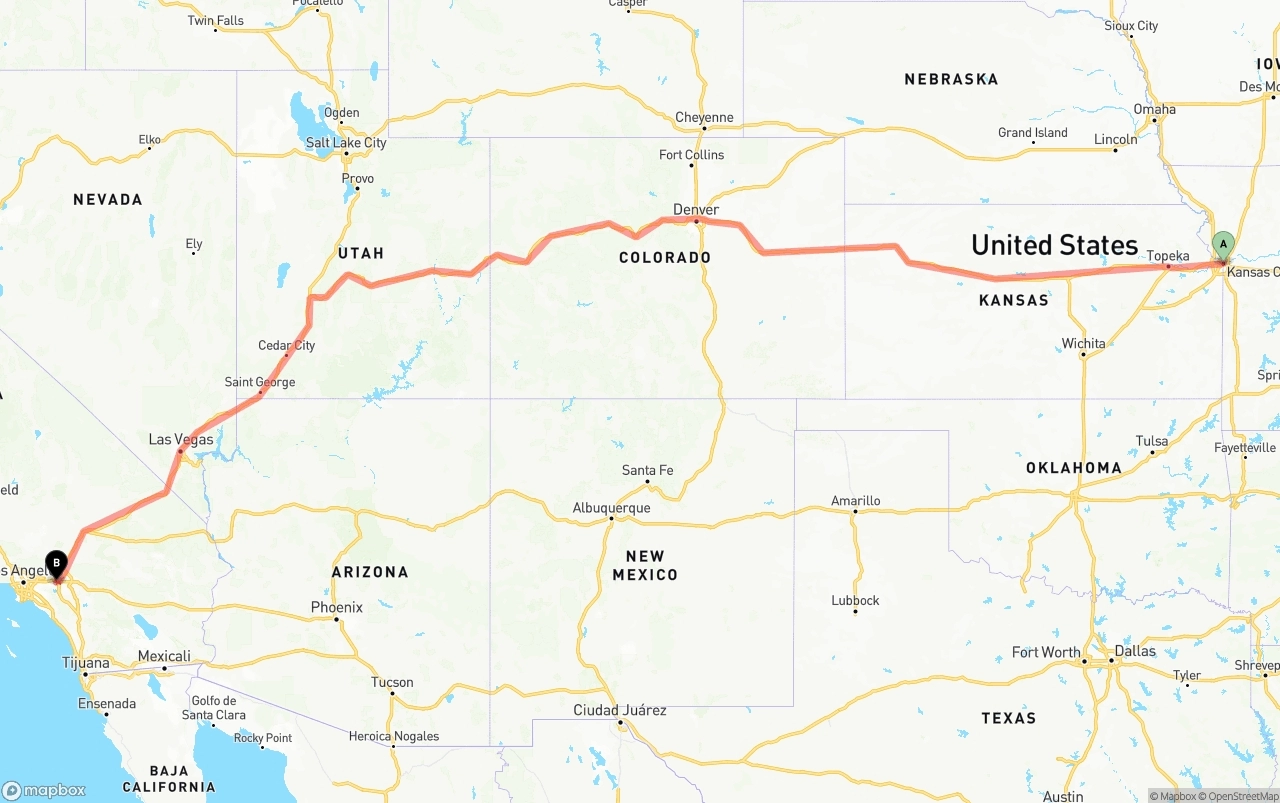 Shipping route from Kansas City to Ontario International Airport