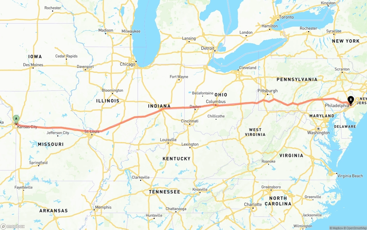 Shipping route from Kansas City to Philadelphia