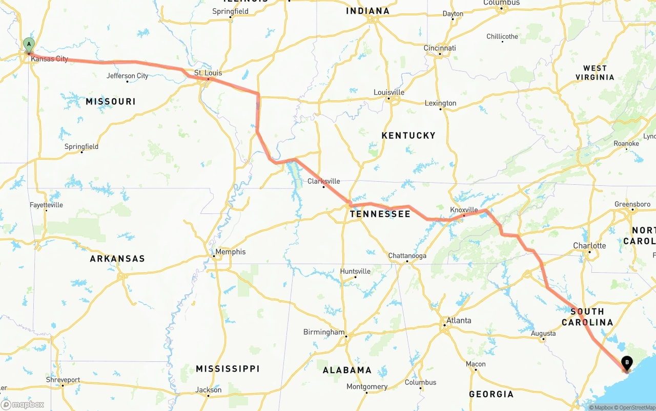 Shipping route from Kansas City to Port of Charleston