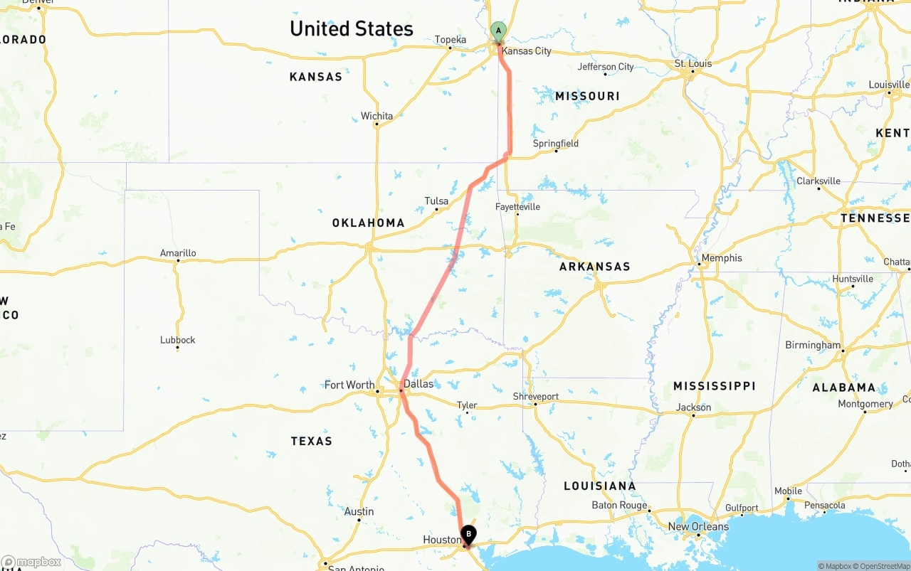Shipping route from Kansas City to Port of Houston