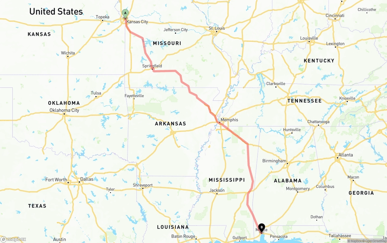 Shipping route from Kansas City to Port of Mobile