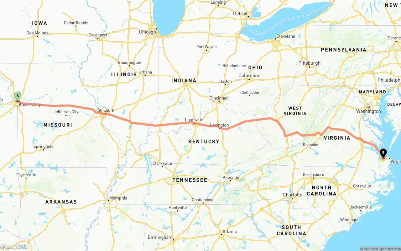 Shipping route from Kansas City to Port of Norfolk