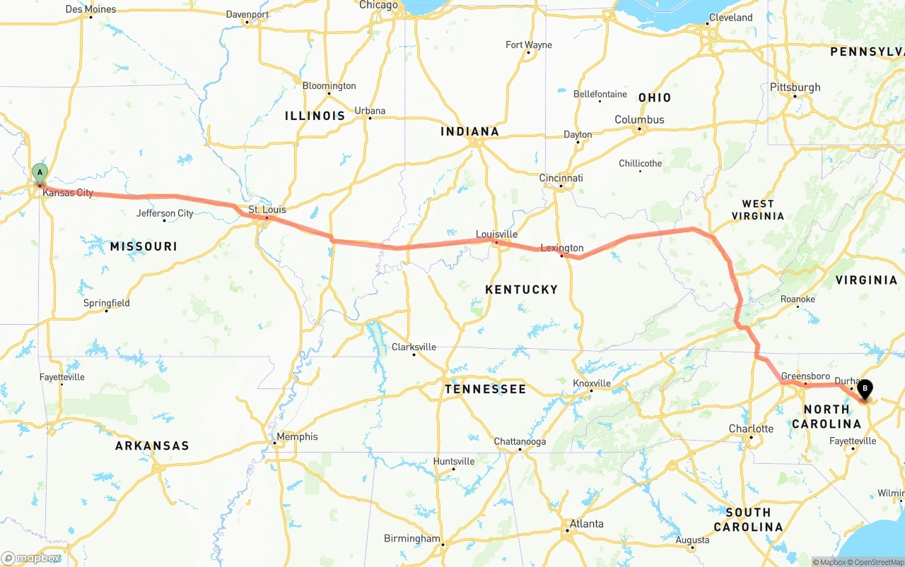 Shipping route from Kansas City to Raleigh