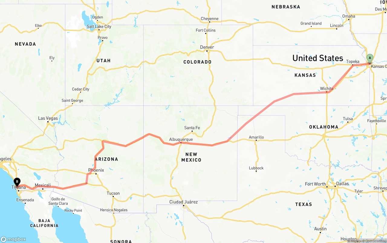 Shipping route from Kansas City to San Diego