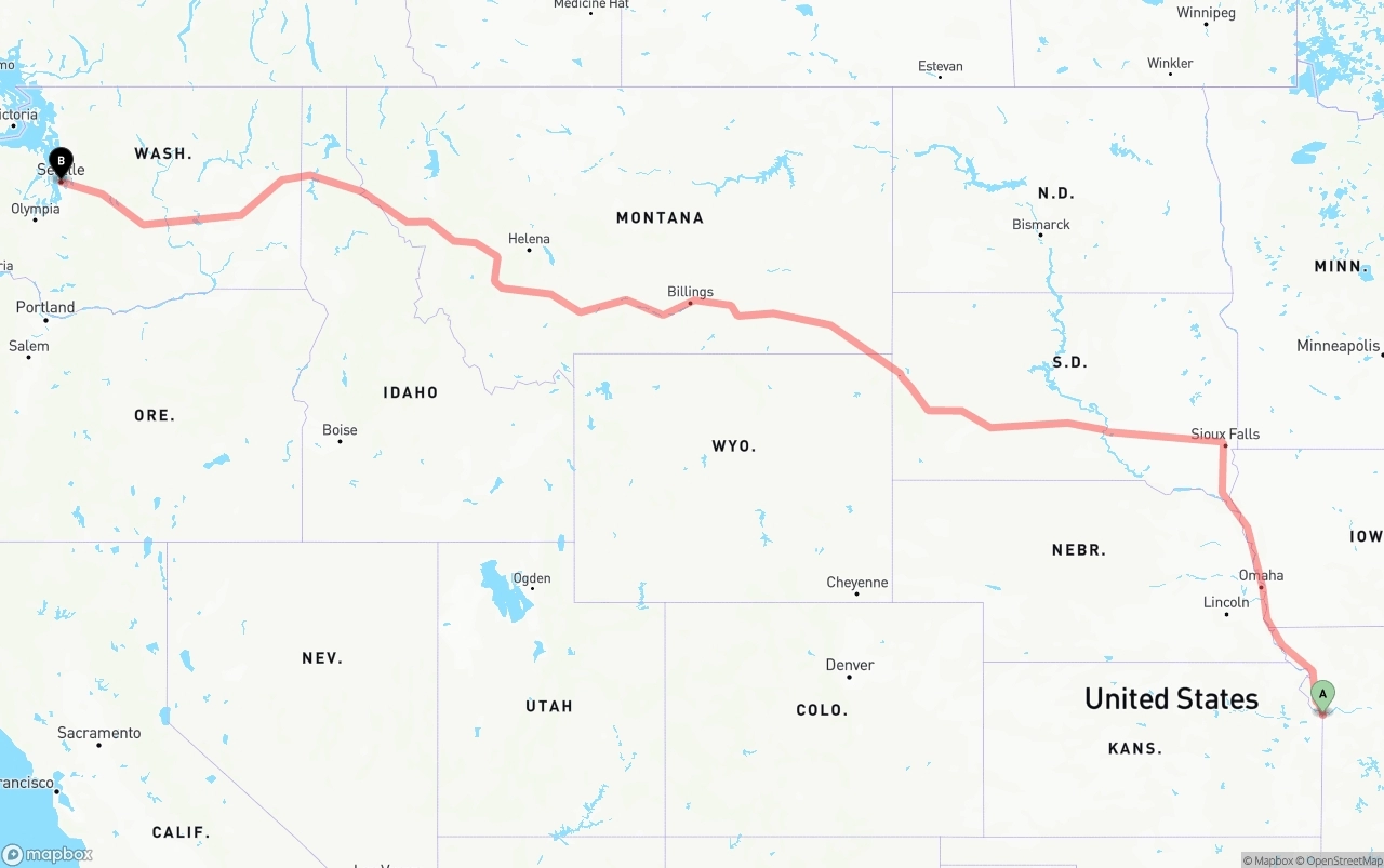 Shipping route from Kansas City to Seattle