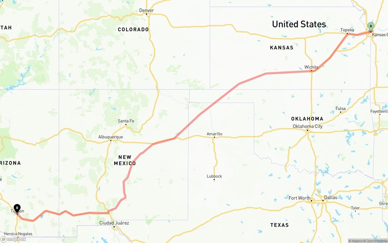 Shipping route from Kansas City to Tucson