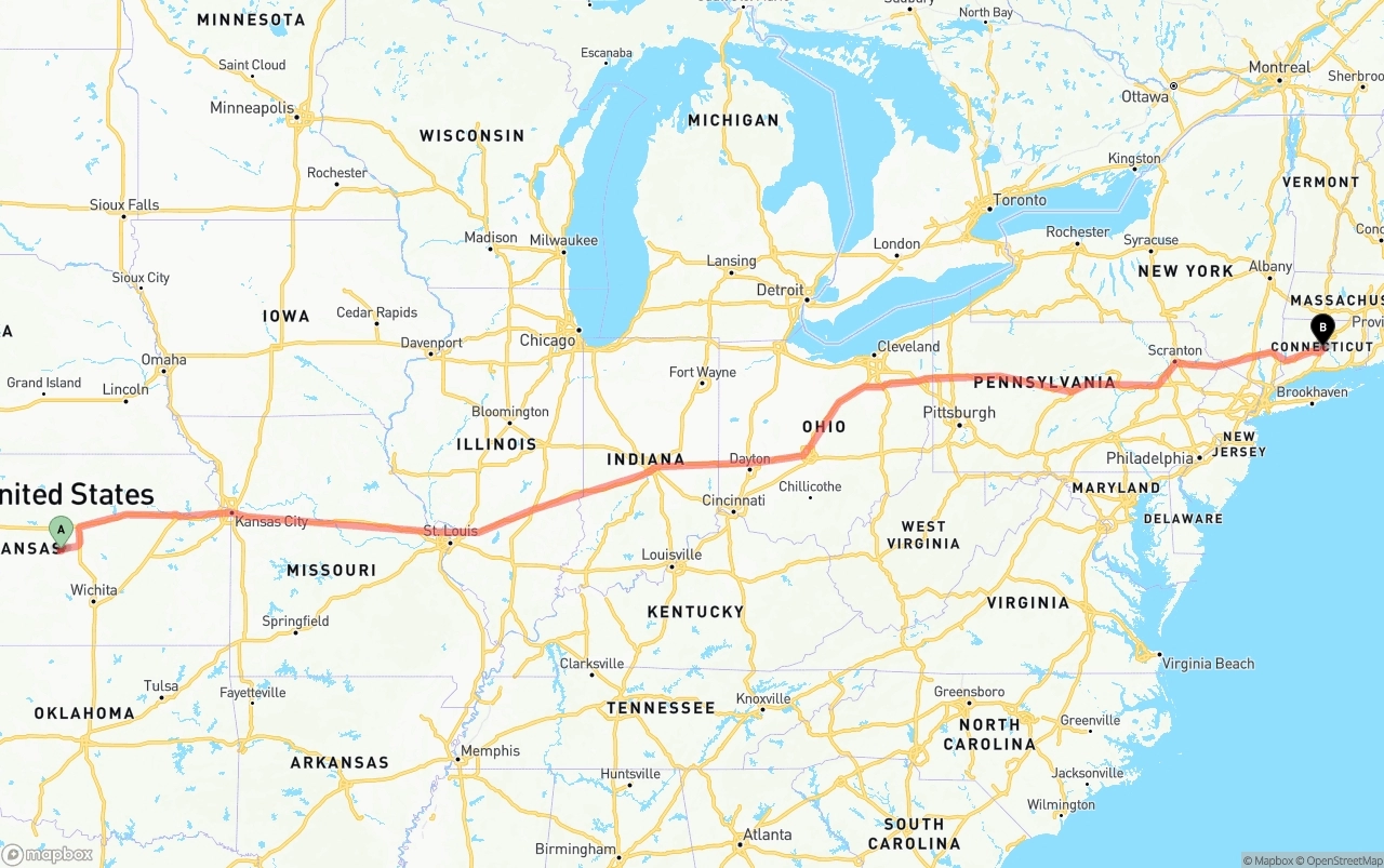 Shipping route from Kansas to Connecticut
