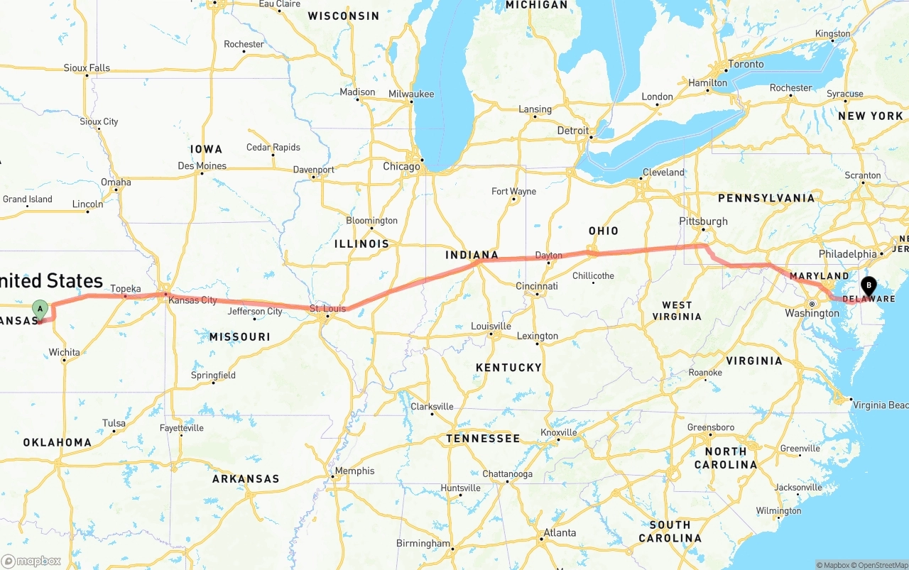 Shipping route from Kansas to Delaware