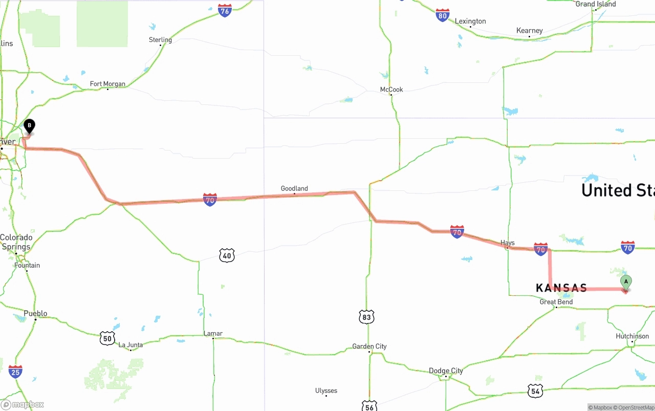 Shipping route from Kansas to Denver International Airport