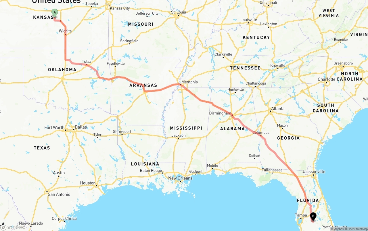 Shipping route from Kansas to Florida