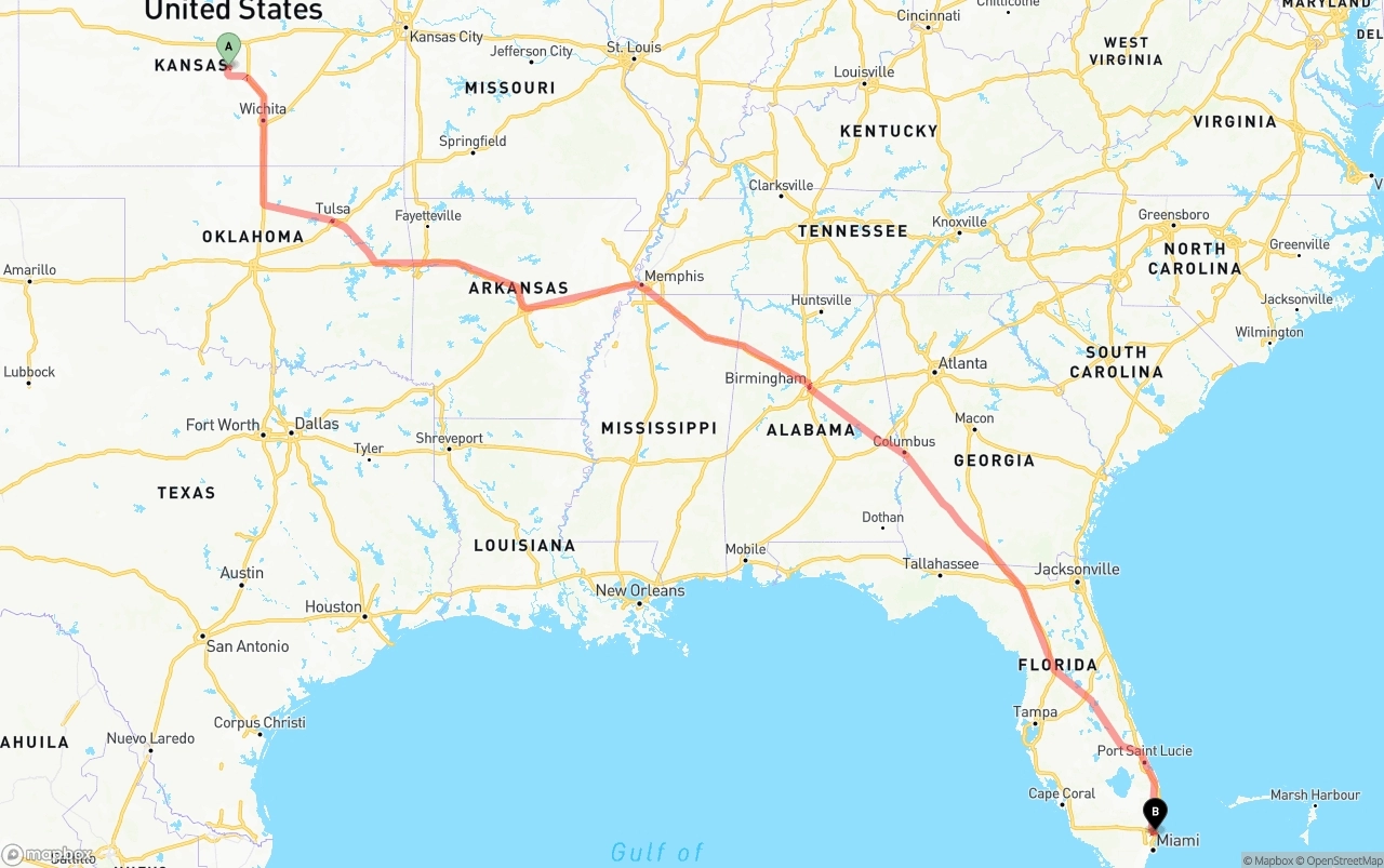 Shipping route from Kansas to Fort Lauderdale-Hollywood International Airport