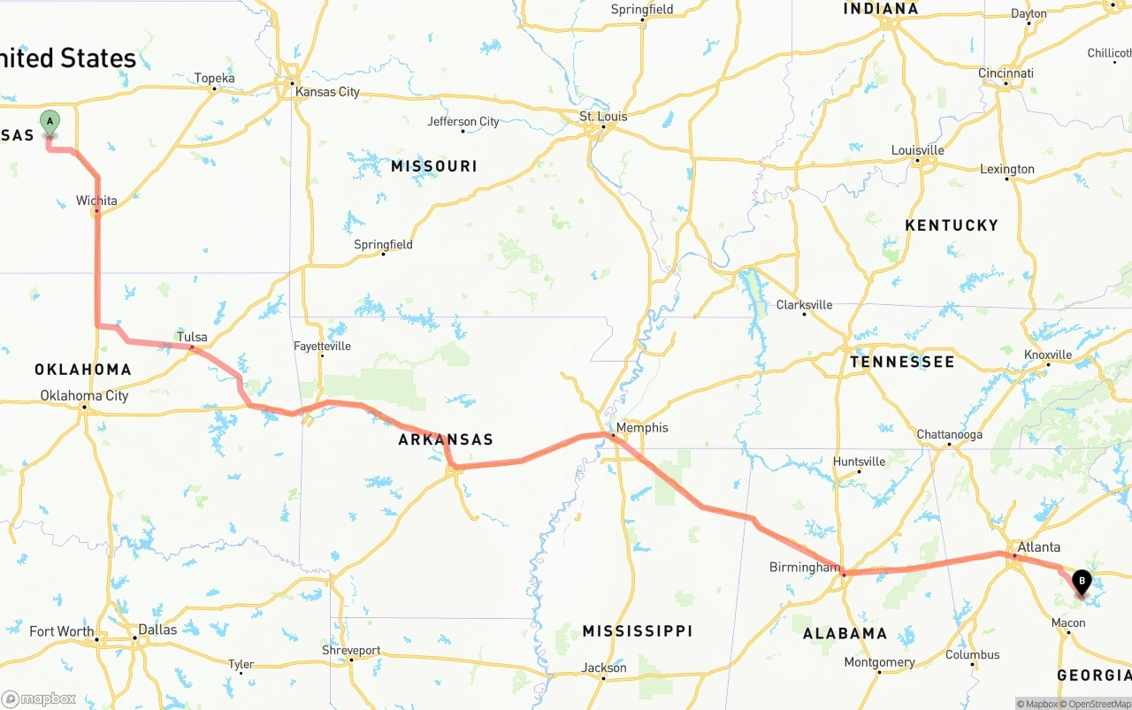 Shipping route from Kansas to Georgia