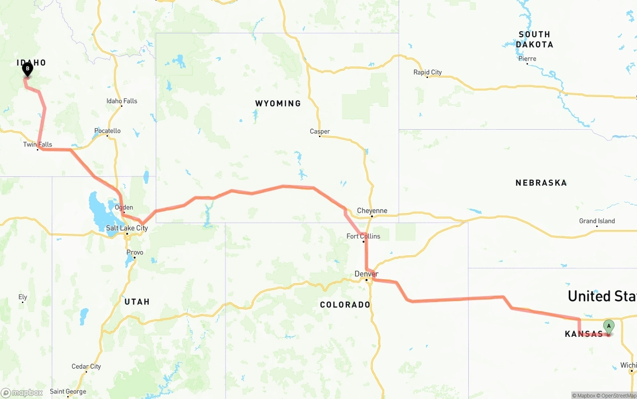 Shipping route from Kansas to Idaho
