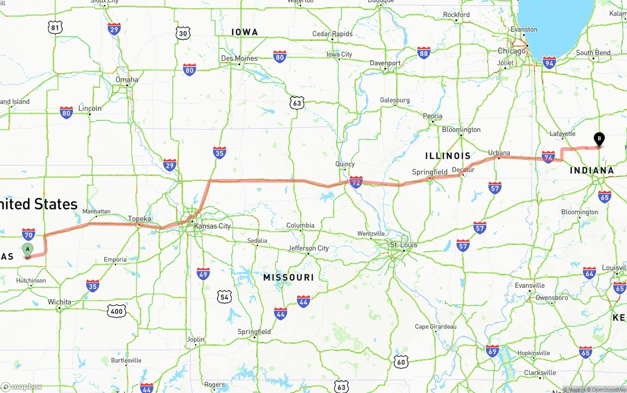 Shipping route from Kansas to Indiana