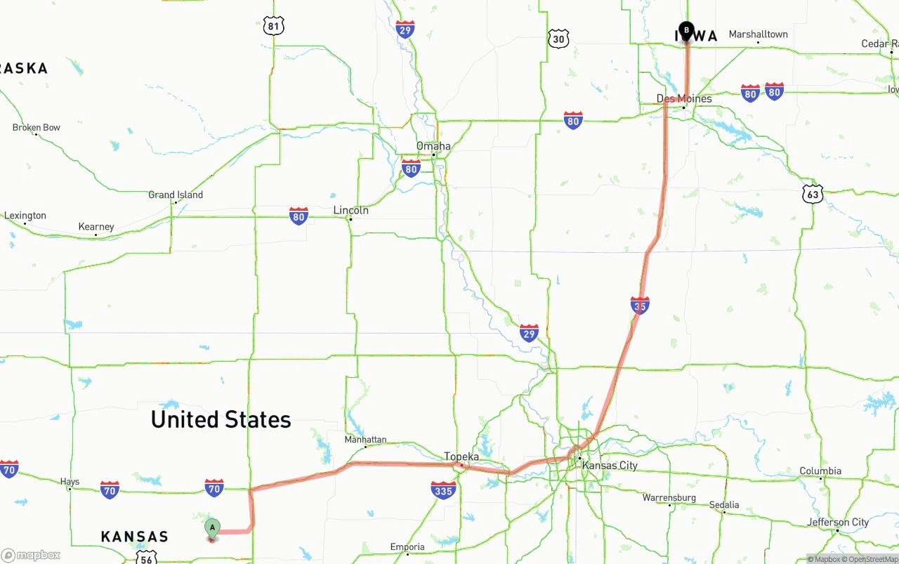 Shipping route from Kansas to Iowa