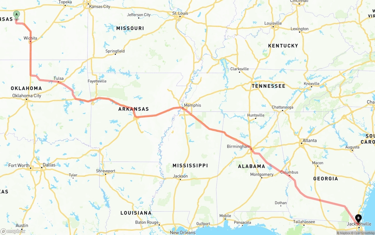 Shipping route from Kansas to Jacksonville International Airport