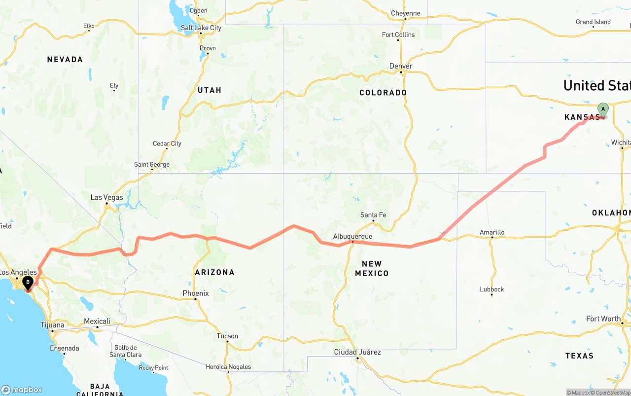 Shipping route from Kansas to John Wayne Airport — Orange County