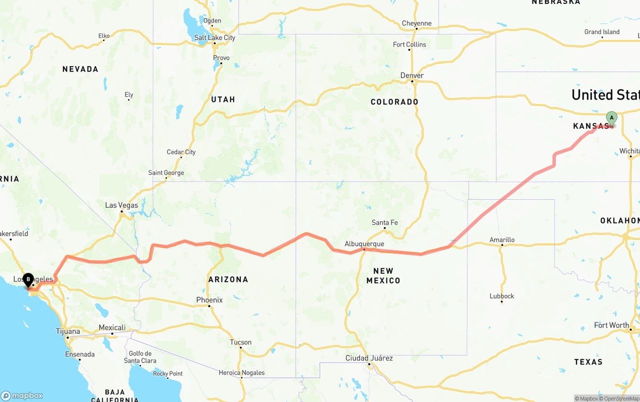 Shipping route from Kansas to Los Angeles International Airport