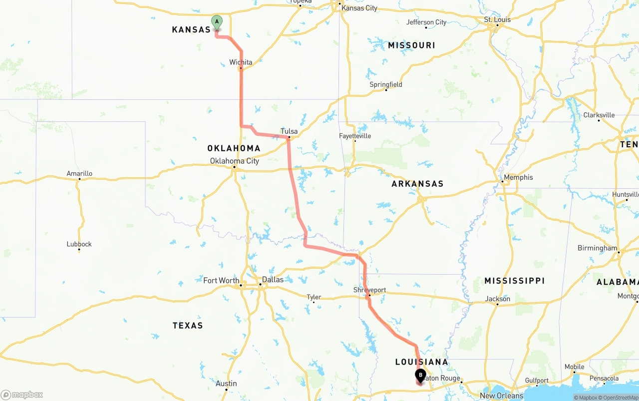 Shipping route from Kansas to Louisiana
