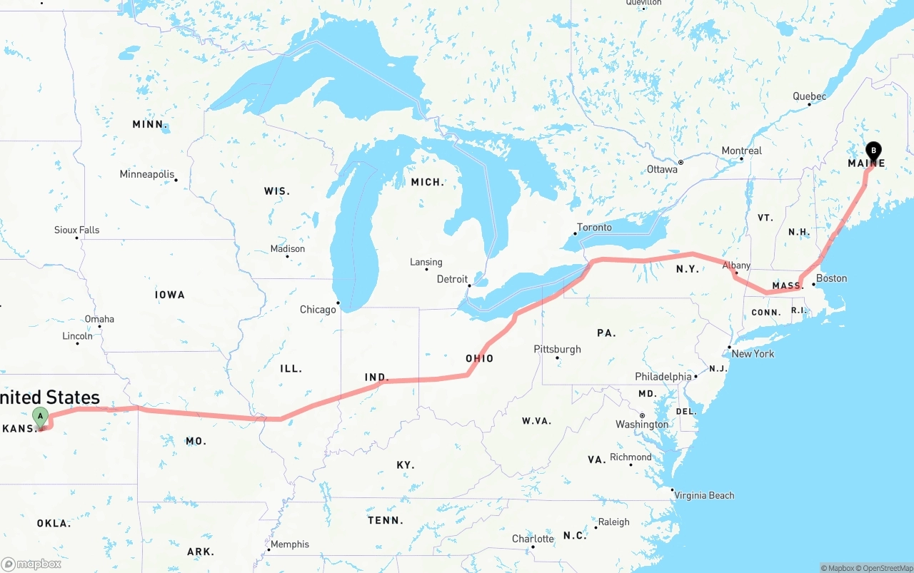 Shipping route from Kansas to Maine
