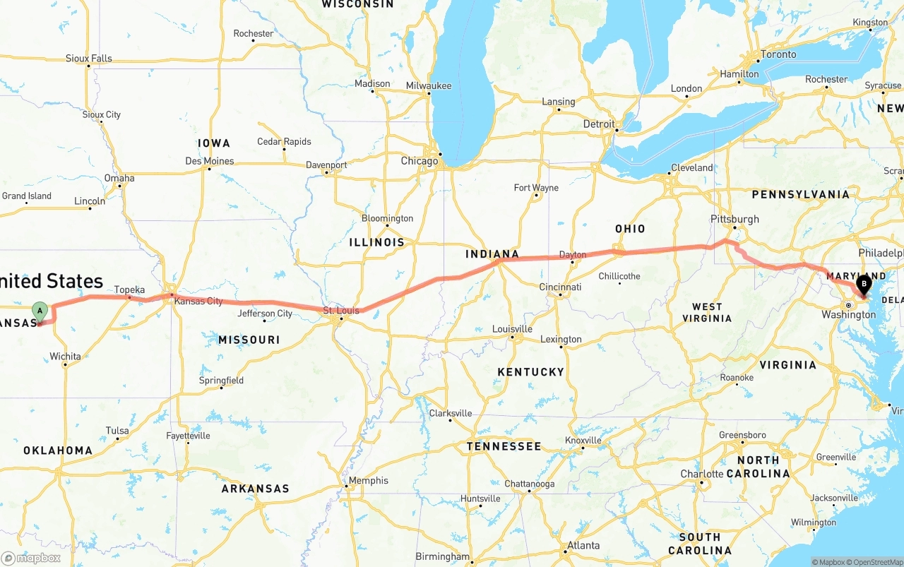 Shipping route from Kansas to Maryland