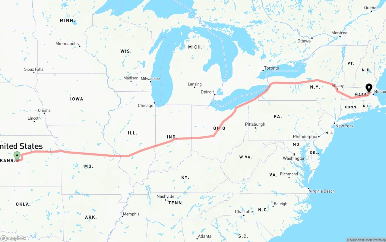 Shipping route from Kansas to Massachusetts