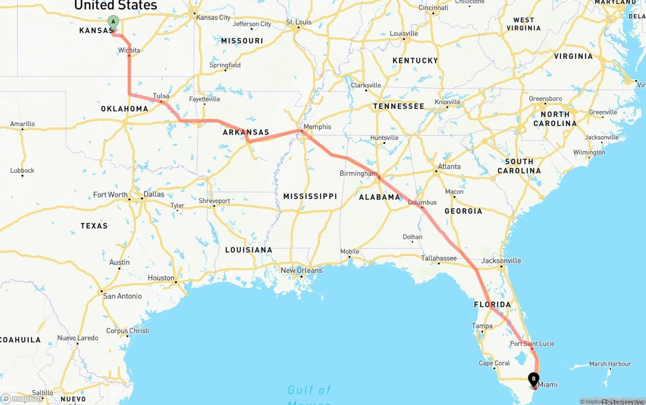 Shipping route from Kansas to Miami International Airport
