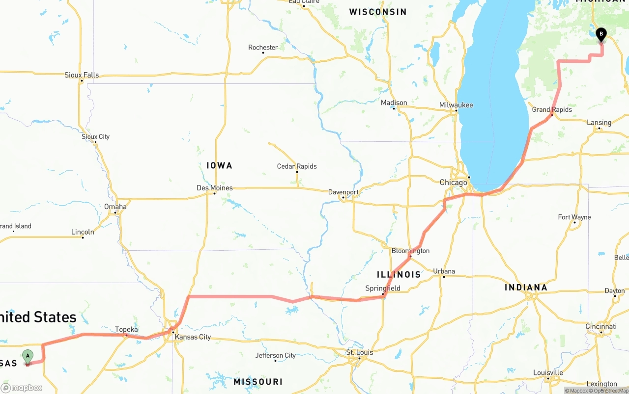 Shipping route from Kansas to Michigan