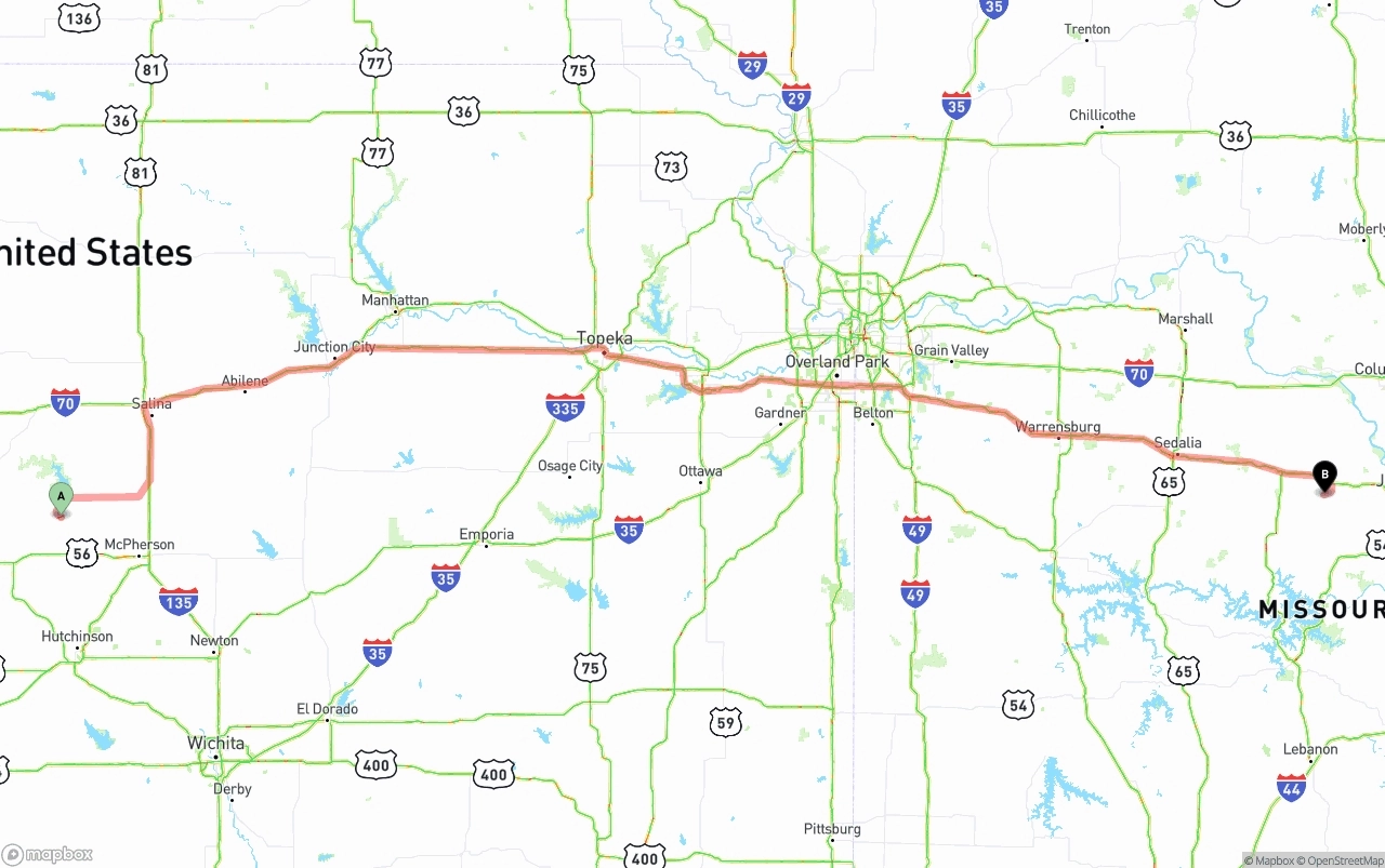 Shipping route from Kansas to Missouri