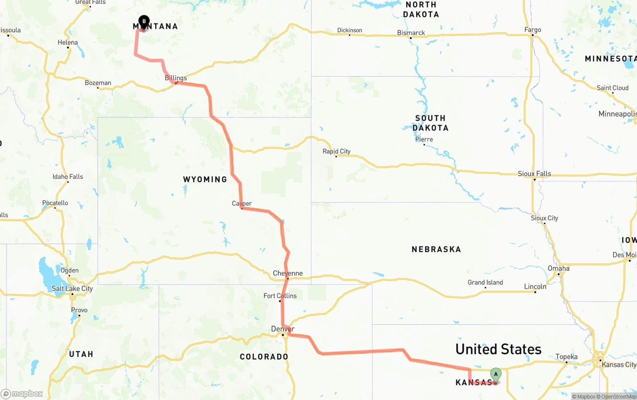 Shipping route from Kansas to Montana