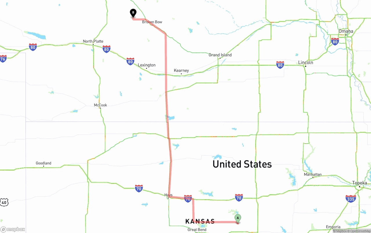 Shipping route from Kansas to Nebraska
