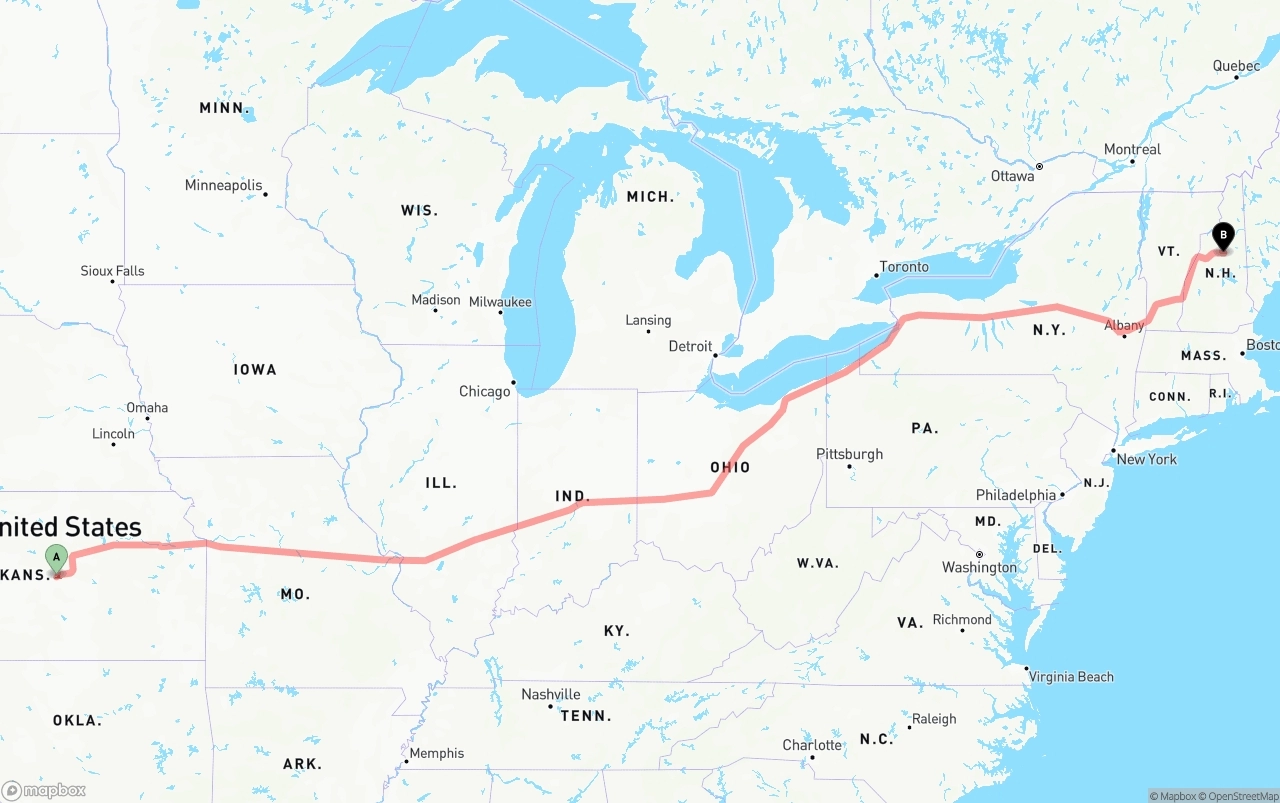 Shipping route from Kansas to New Hampshire