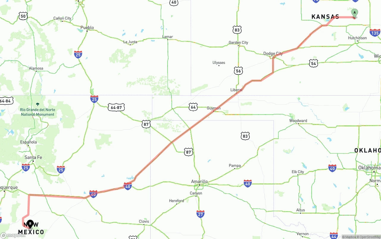 Shipping route from Kansas to New Mexico