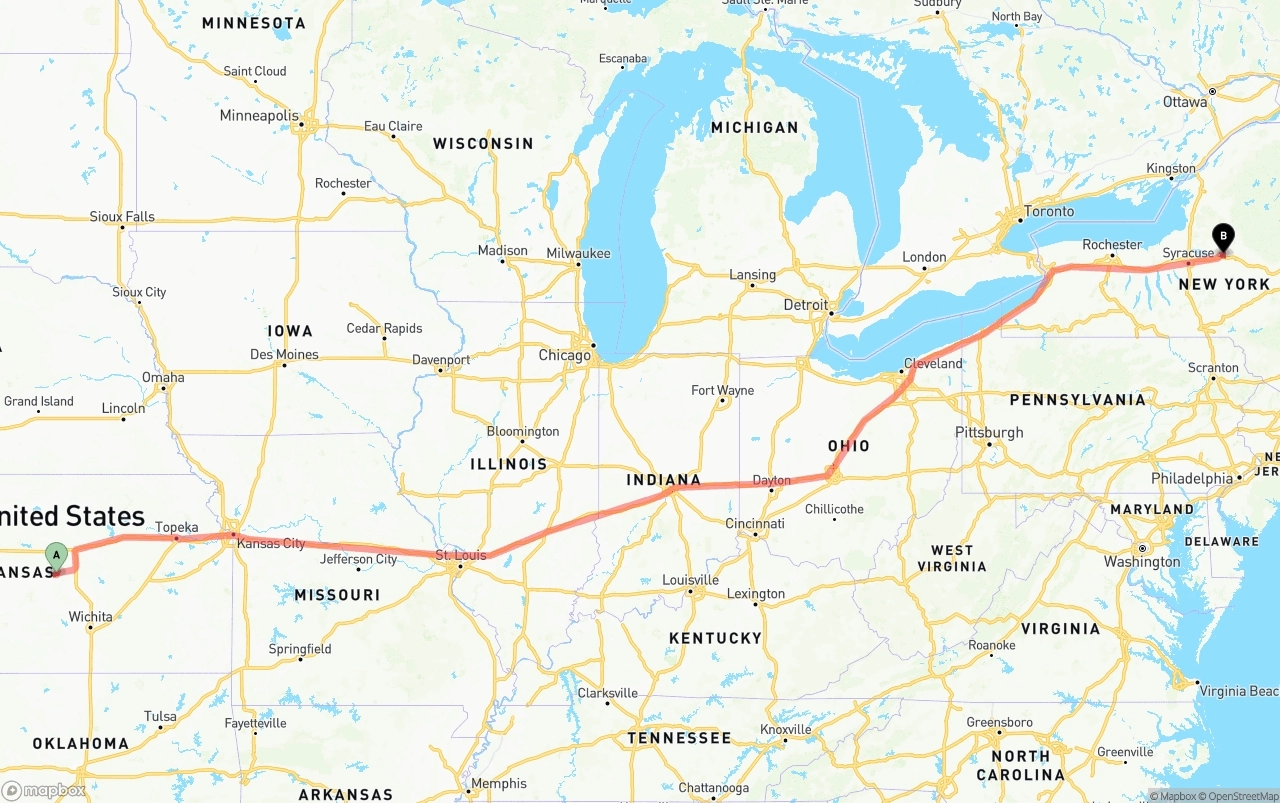 Shipping route from Kansas to New York