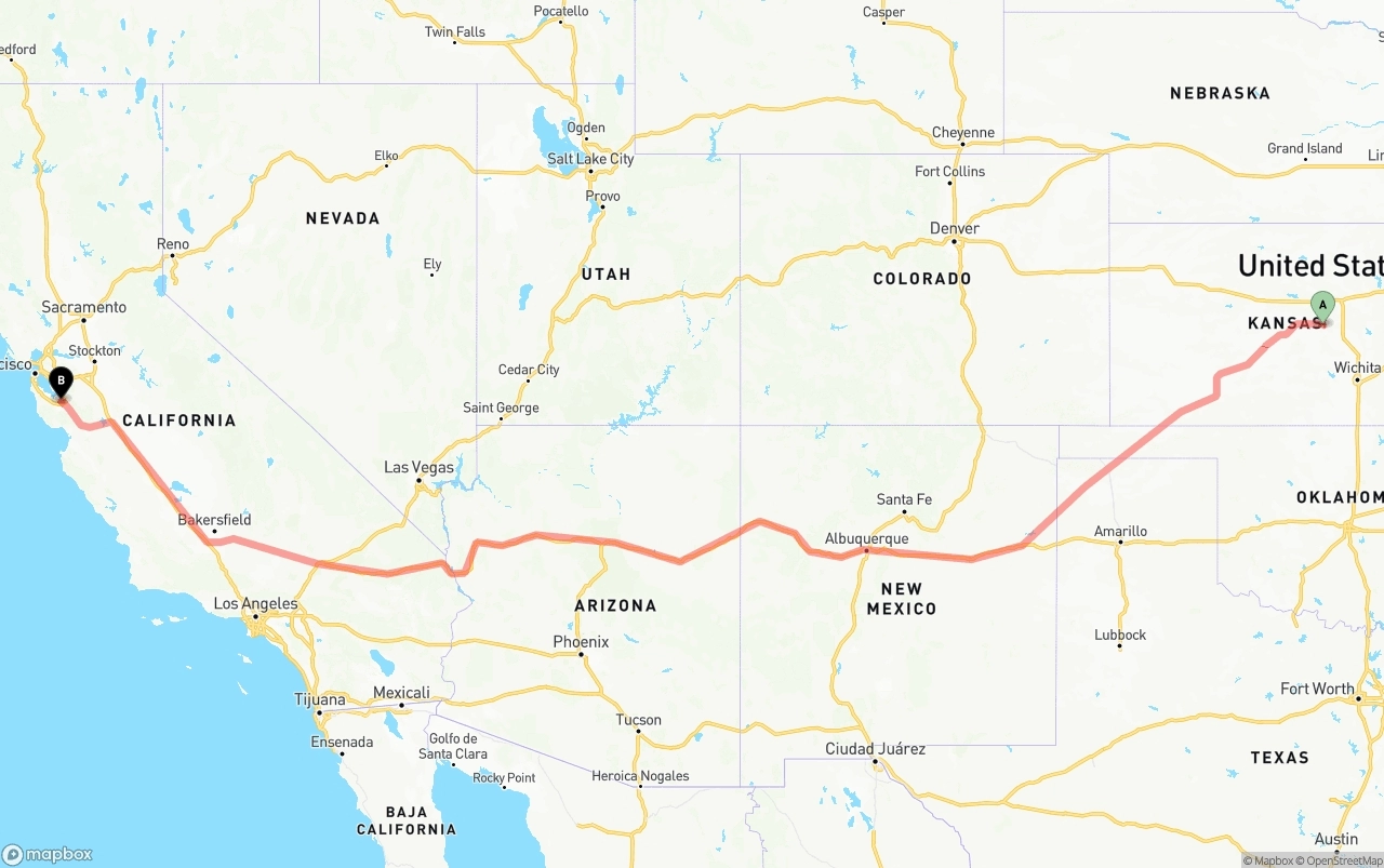 Shipping route from Kansas to Norman Y. Mineta San Jose International Airport