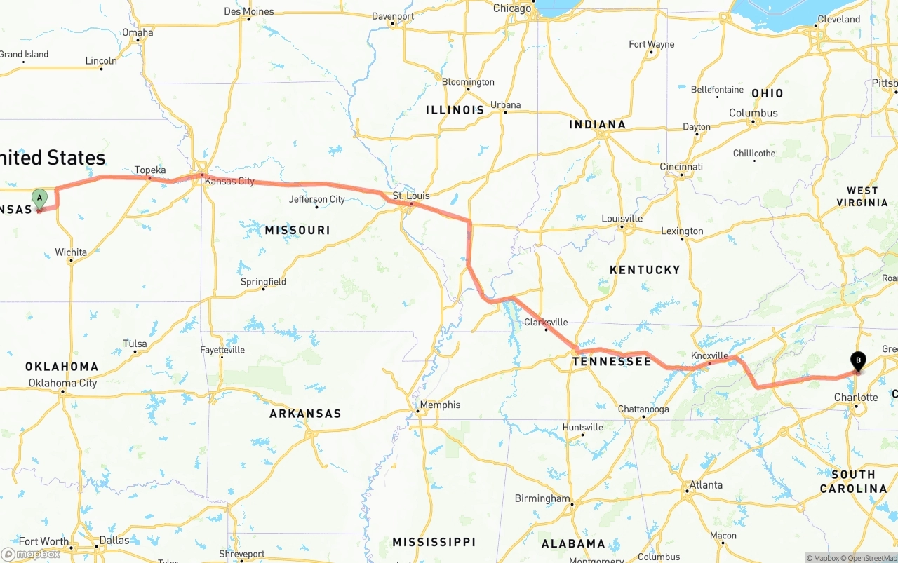 Shipping route from Kansas to North Carolina