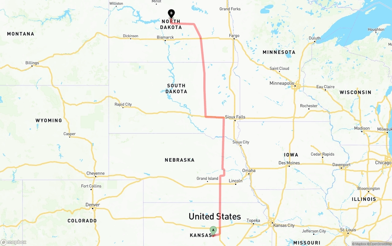 Shipping route from Kansas to North Dakota