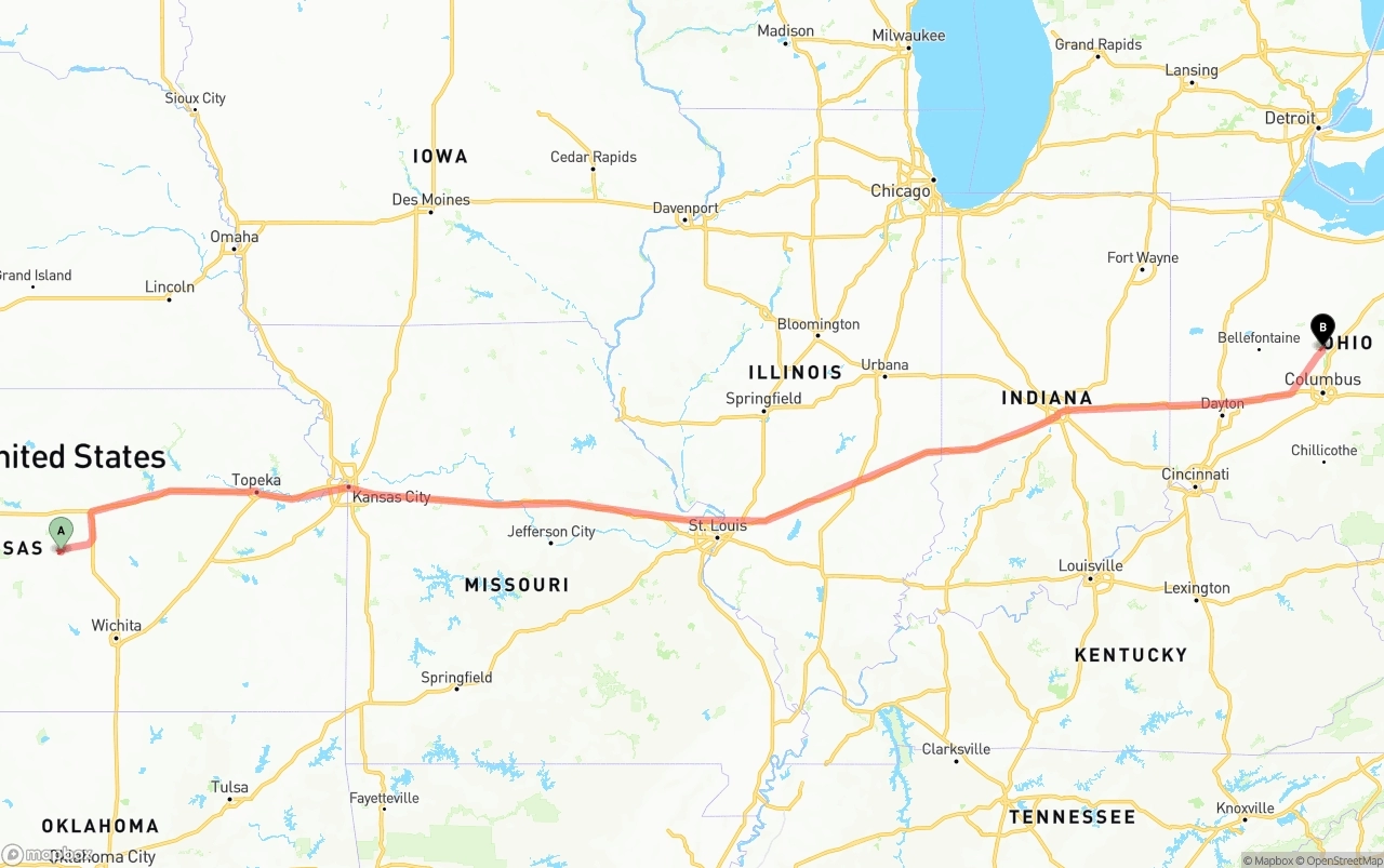 Shipping route from Kansas to Ohio