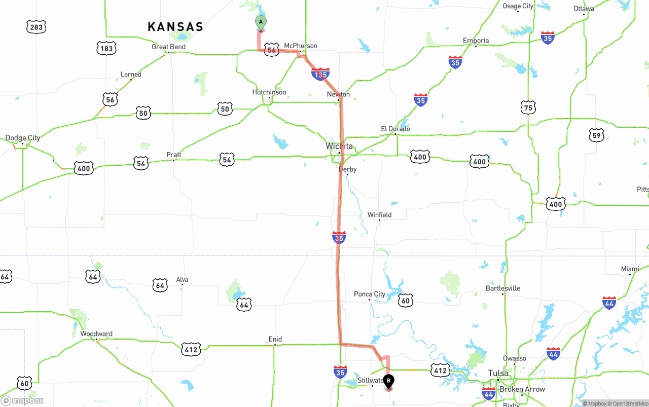 Shipping route from Kansas to Oklahoma