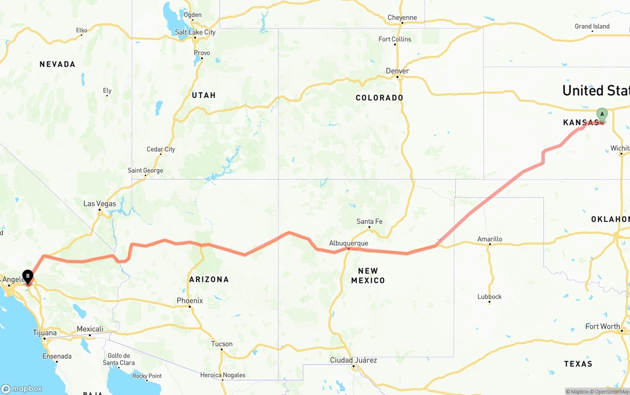 Shipping route from Kansas to Ontario International Airport