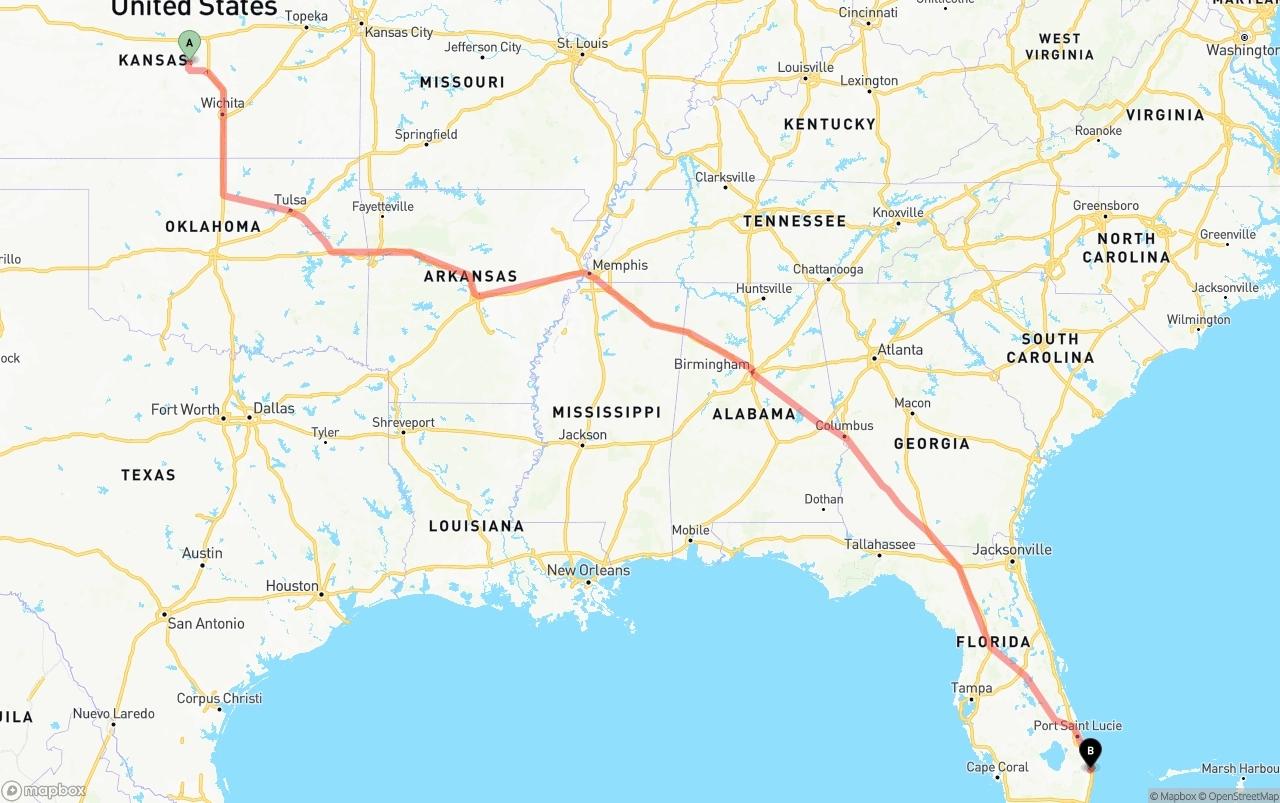 Shipping route from Kansas to Palm Beach International Airport